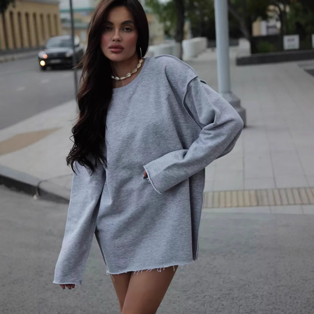 Damen Oversize-Pullover Lässig Französer Saum Beige - Eveloria