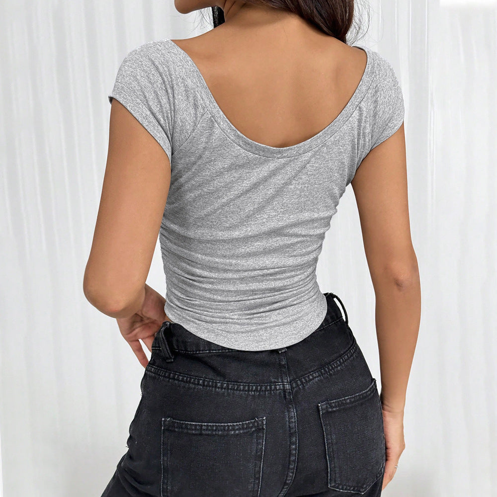 Damen Crop- Raffungen Rundhals Atmungsaktives Material