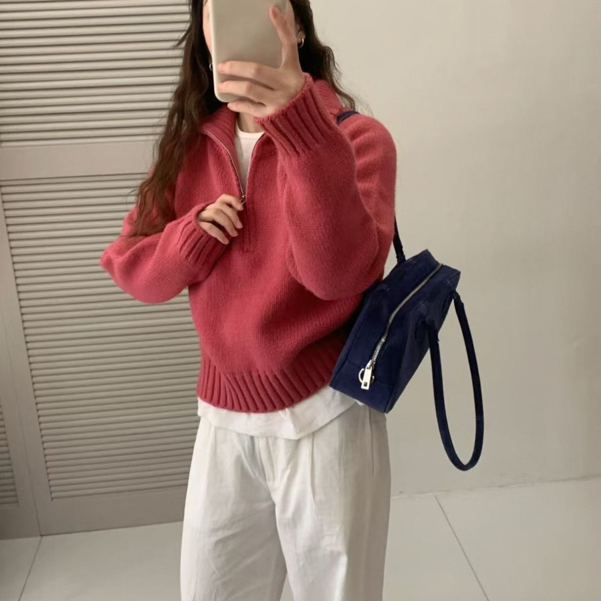 Damen Strickpullover Mit Reißverschluss Hoch Kragen Beige