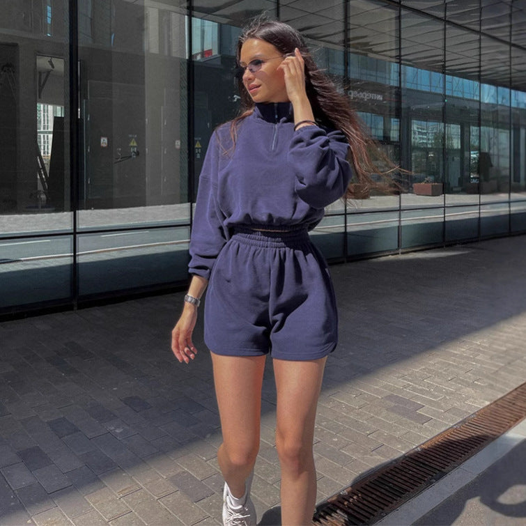 Damen Crop- Set Hochkragen Kürzere Hose Eveloria