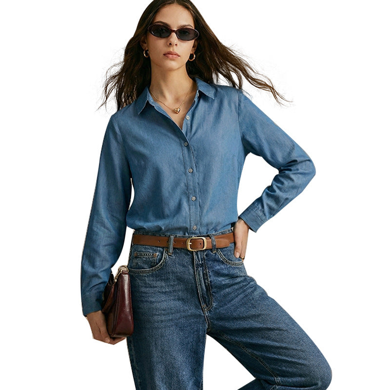 Damen Denim Bluse Knopfleiste Modischer Schnitt Blau Eveloria
