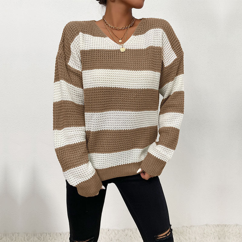 Damen Pullover Strukturiertes Waffelmuster V-Ausschnitt Beige