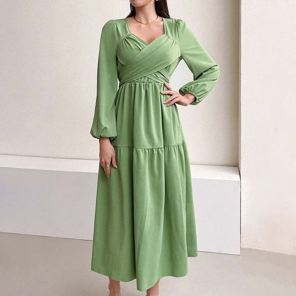 Damen Midikleid Wickeldetail Voluminöse Ärmel Eveloria