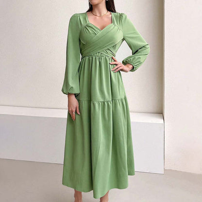 Damen Midikleid Wickeldetail Voluminöse Ärmel Eveloria