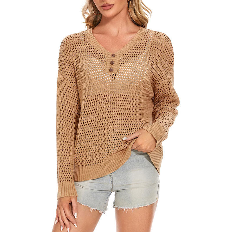 Damen Strickpullover Luftig Dekorative Knöpfe Beige