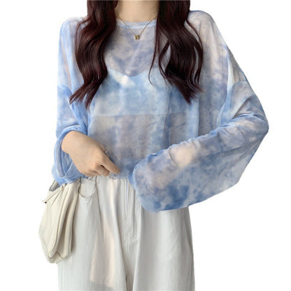 Damen Longsleeve-Oberteil Transparent Tie-Dye Muster