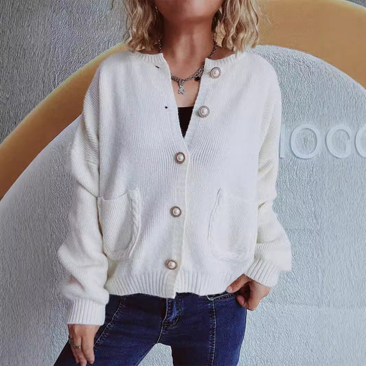 Damen Strickjacke mit Perlenknöpfen und Taschen Eveloria - Eveloria
