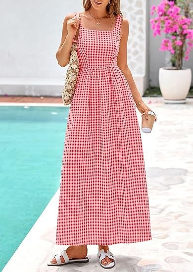 Damen Maxikleid Karomuster Elastisch