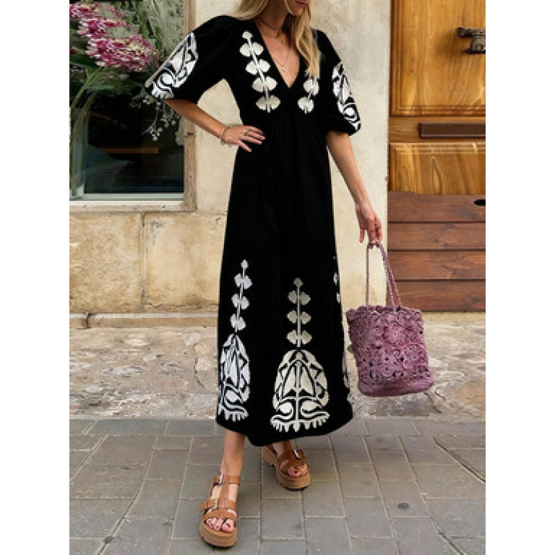Damen Midikleid Florales Stickdesign Luftige Puffärmel