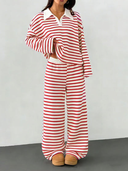 Damen Strick-Set mit breiten Streifen und Samtkragen