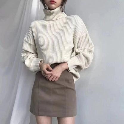 Damen Grobstrickpullover Hoher Kragen Voluminöse Ärmel