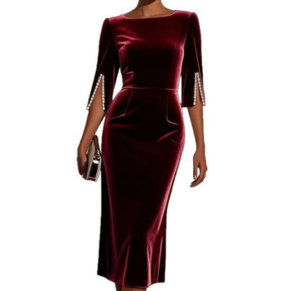 Damen Samtkleid Figurbetont Perlendetails Eveloria