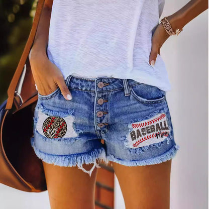 Damen Vintage-Shorts Jeans mit Flaggen-Applikationen Blau