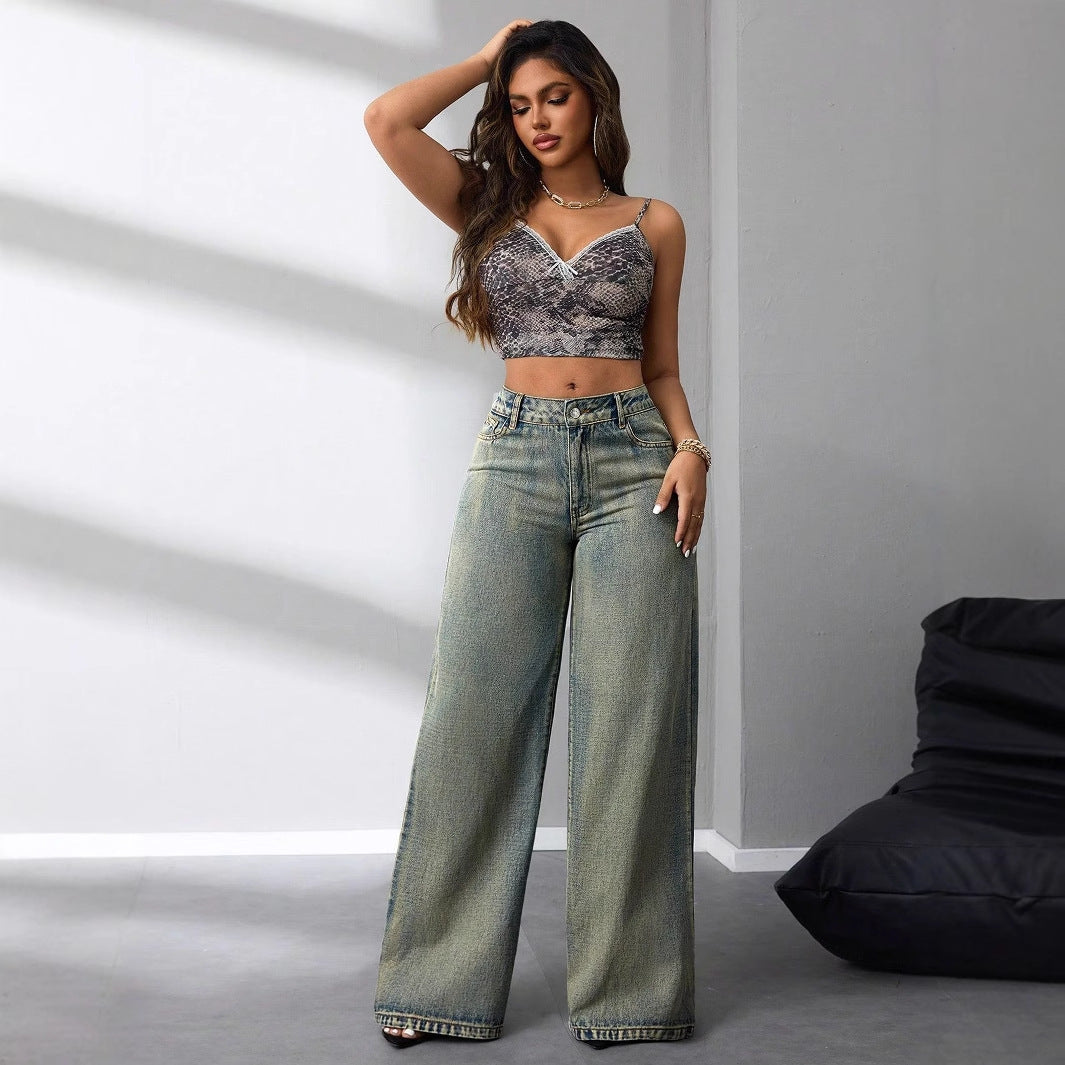 Damen High-Waist Jeans Vintage-Stil Weite Bein Lässig Blau