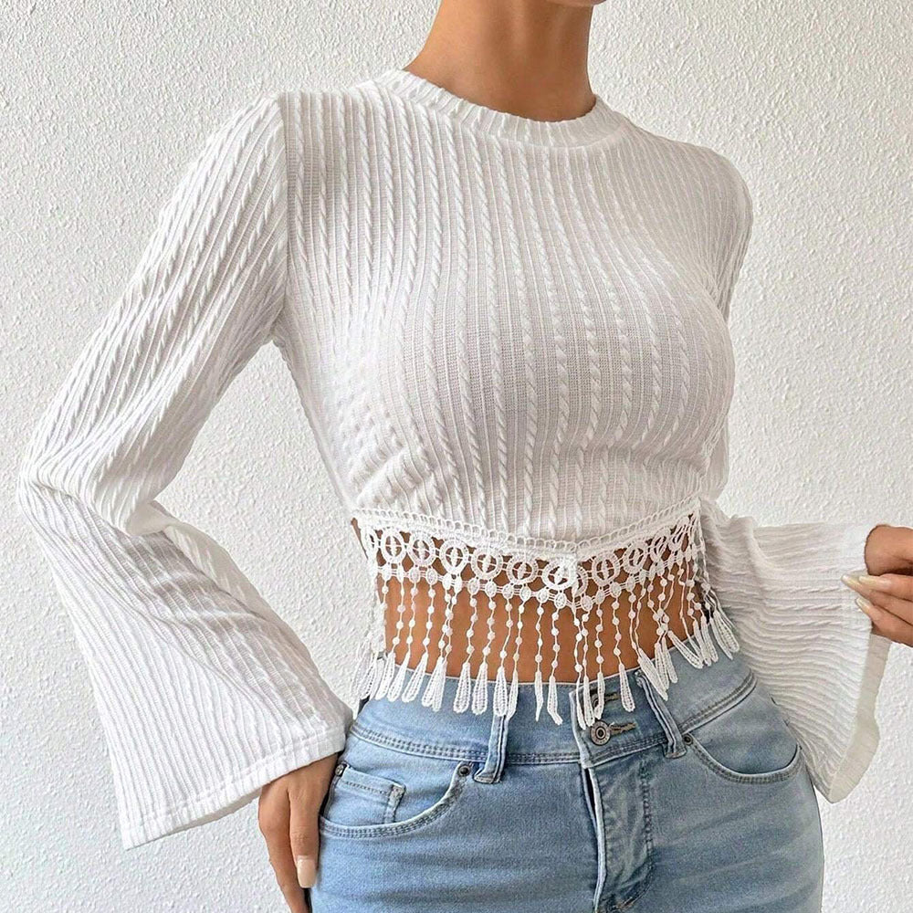 Damen Crop-Oberteil mit Trompetenärmel Spitze