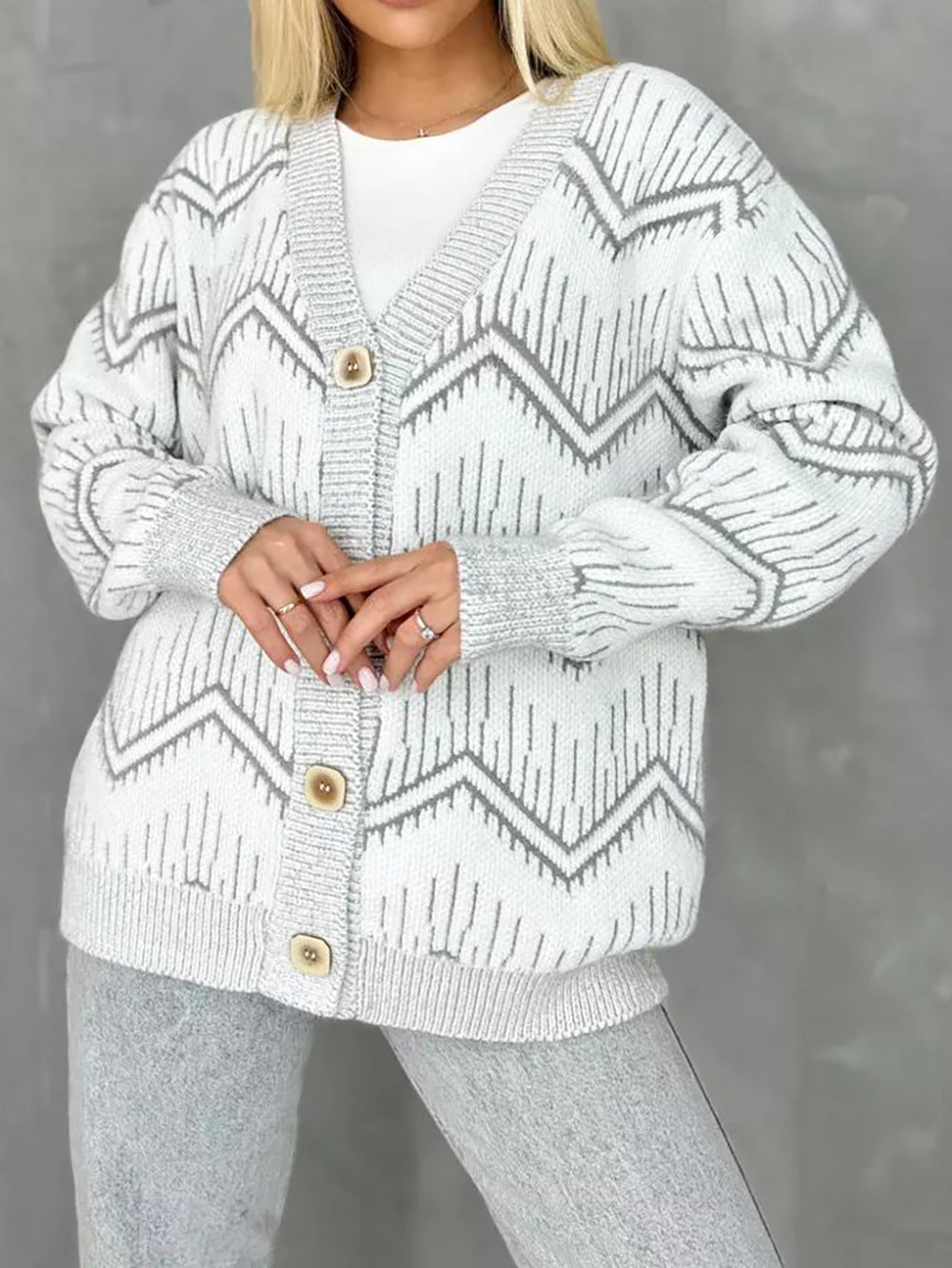 Damen Strickjacke Zigzag Muster Knöpfe Anthrazit
