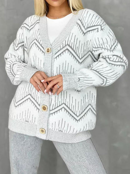 Damen Strickjacke Zigzag Muster Knöpfe Anthrazit