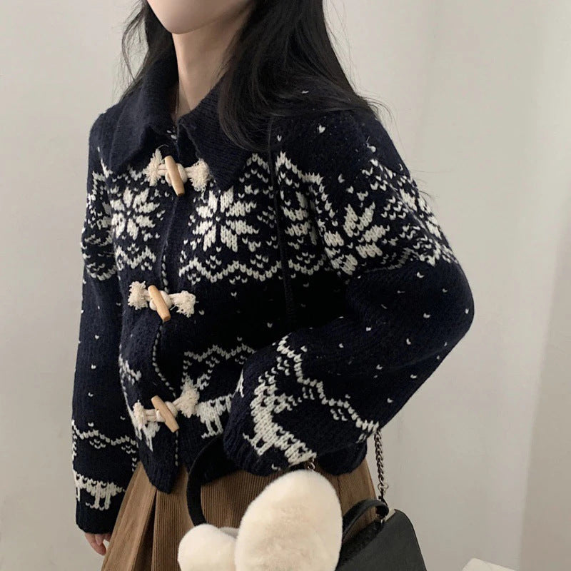 Damen Strickjacke Tiermotiv Hochwertig Holzknöpfe Beige