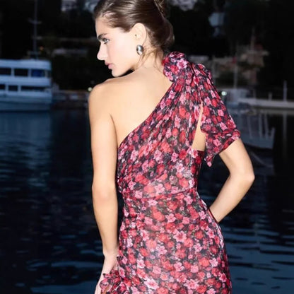 Damen Asymmetrisches Minikleid Floral Muster Raffiniertes
