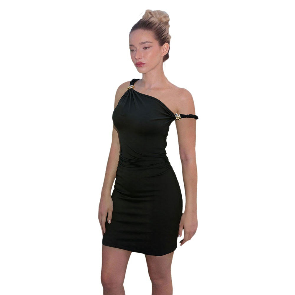 Damen Minikleid Asymmetrischer Ausschnitt Goldton