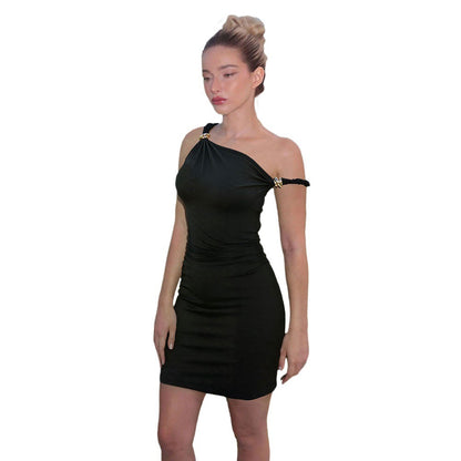 Damen Minikleid Asymmetrischer Ausschnitt Goldton