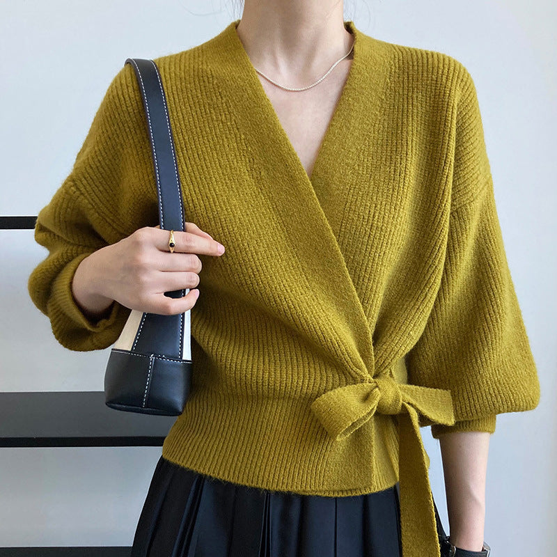 Damen Wickelpullover Breite Ärmel Taillengürtel Eveloria
