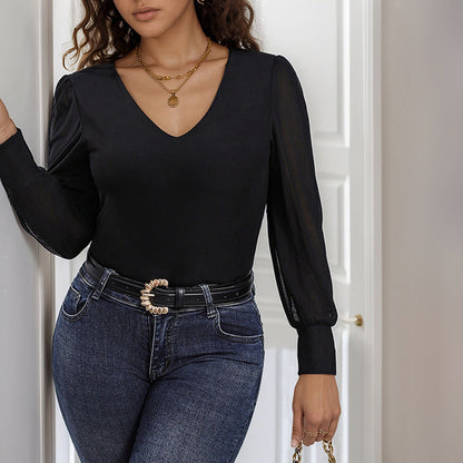 Damen Body V-Ausschnitt Puffärmel Elegant