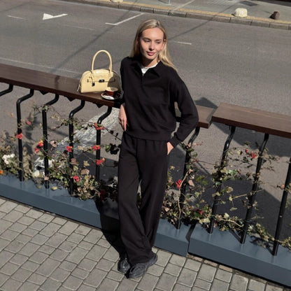 Damen Fleece-Anzug mit Polo-Kragen und geraden Hosen weich