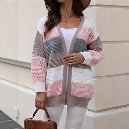 Damen Strickcardigan Groß Lochmuster Farbblockdesign Eveloria