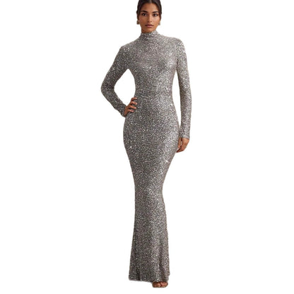 Damen Abendkleid Glitzernd Hochkragen Figurbetont Eveloria