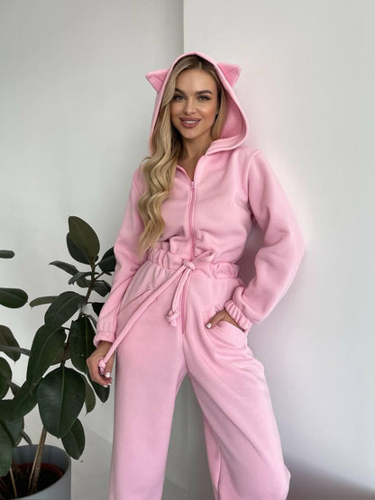 Damen Jumpsuit Kuschelig Känguru-Taschen Tierohren Grau