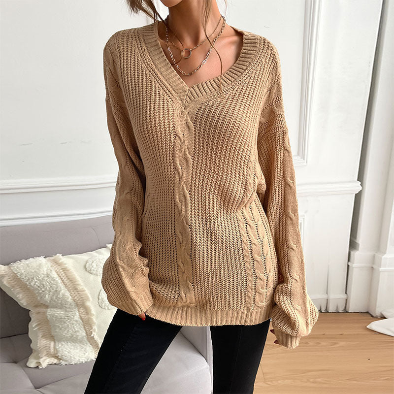 Damen Strickpullover V-Ausschnitt Rautenmuster Eveloria - Eveloria