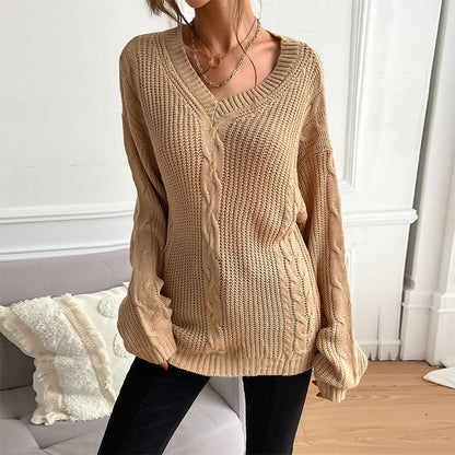 Damen Strickpullover V-Ausschnitt Rautenmuster Eveloria - Eveloria