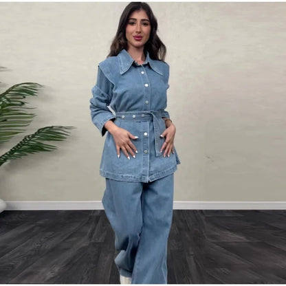 Damen Denimjacke Taillengürtel Blau Eveloria