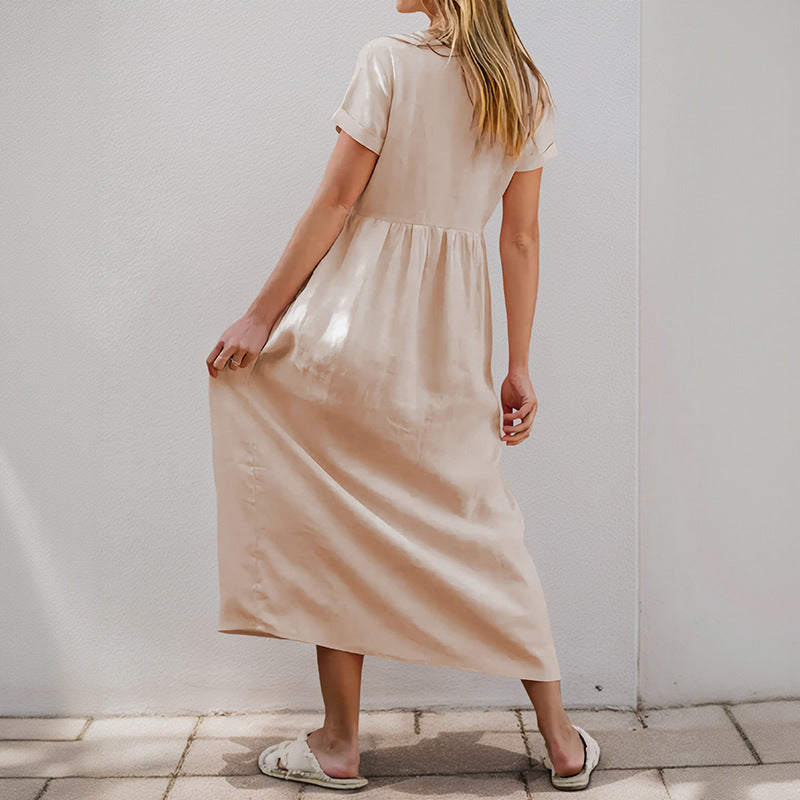 Damen Maxikleid V-Ausschnitt Dekorative Knöpfe Eveloria
