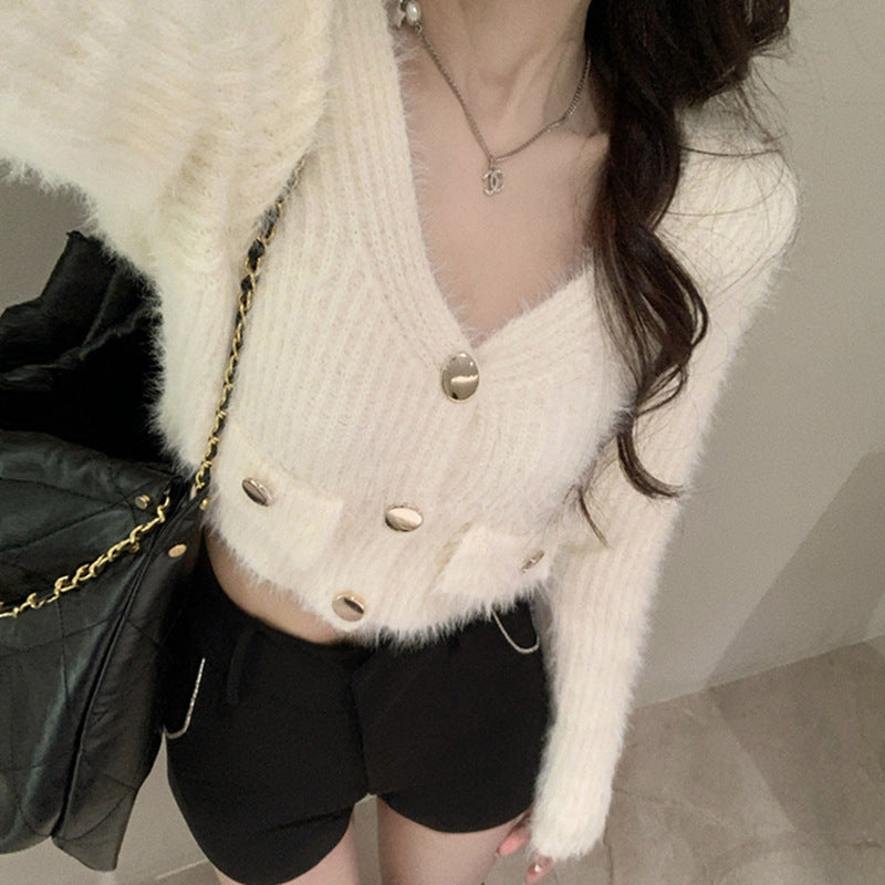 Damen Flauschcardigan Knöpfe Taschen Beige