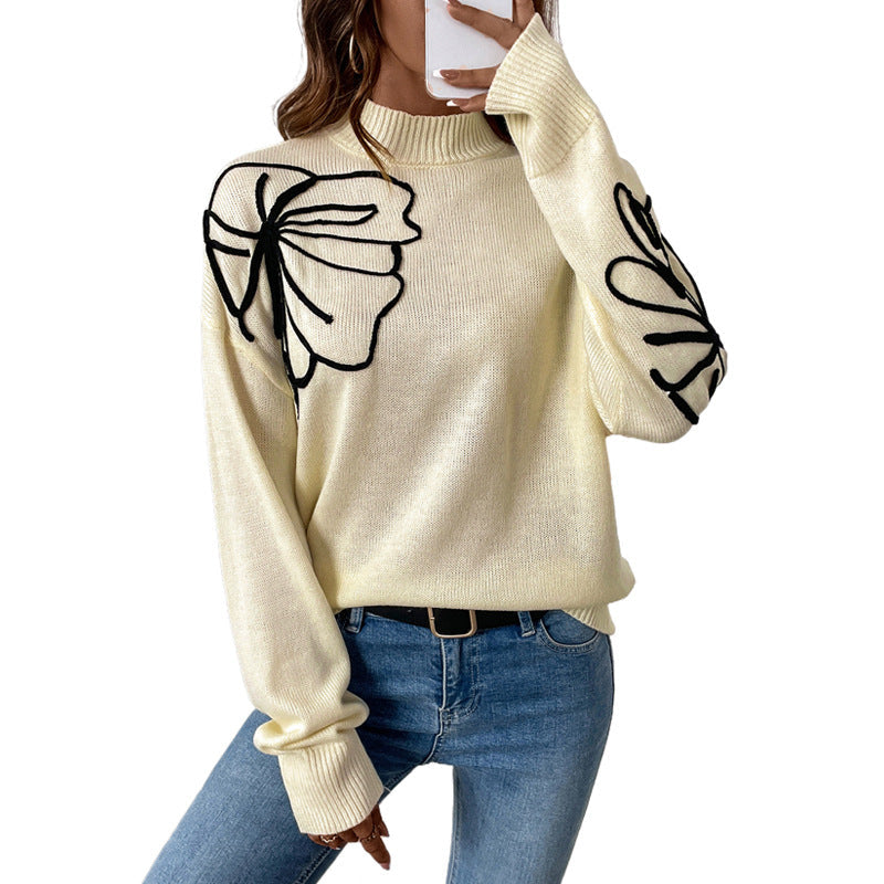 Damen Strickpullover Florales Design Hoher Kragen Eveloria