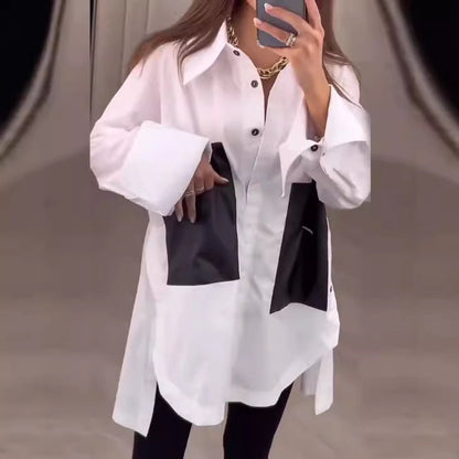 Damen Bluse Langarm mit Kontrasttaschen Eveloria - Eveloria