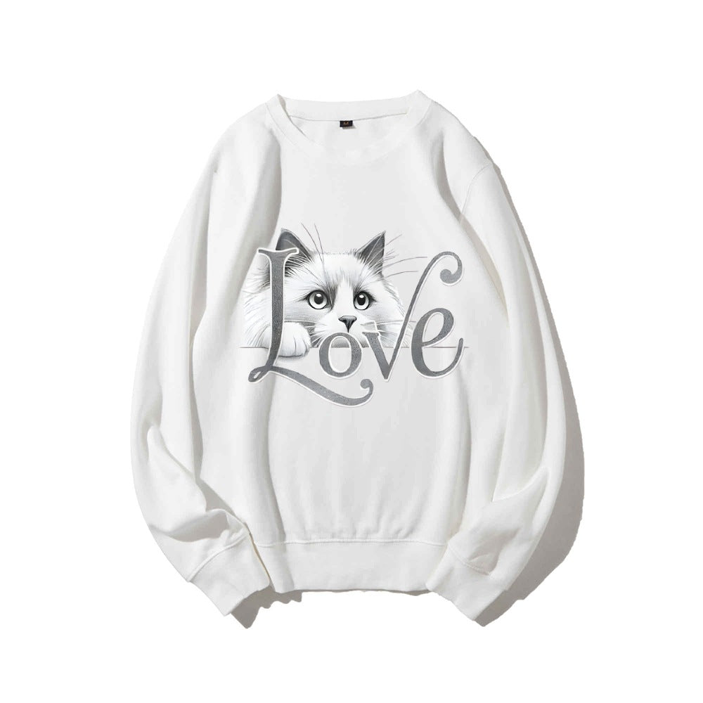 Damen Sweatshirt Katzenmotiv Lässig Grau Eveloria