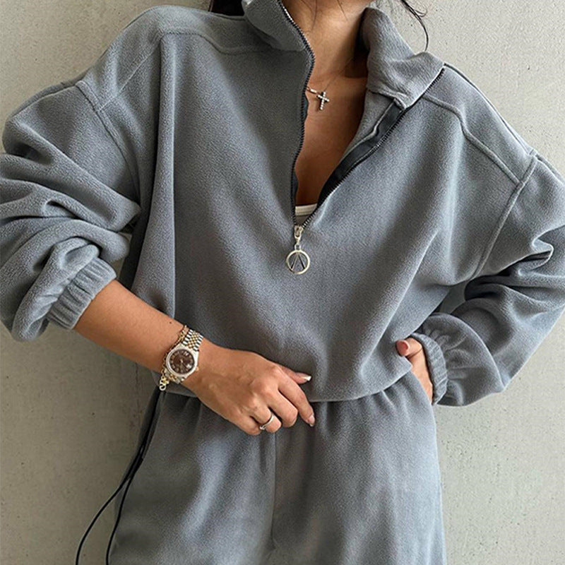 Damen Fleece-Loungewear-Set Elastisch Halbzippverschluss Grau