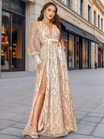 Damen Abendkleid Pailletten Tiefes Dekolleté