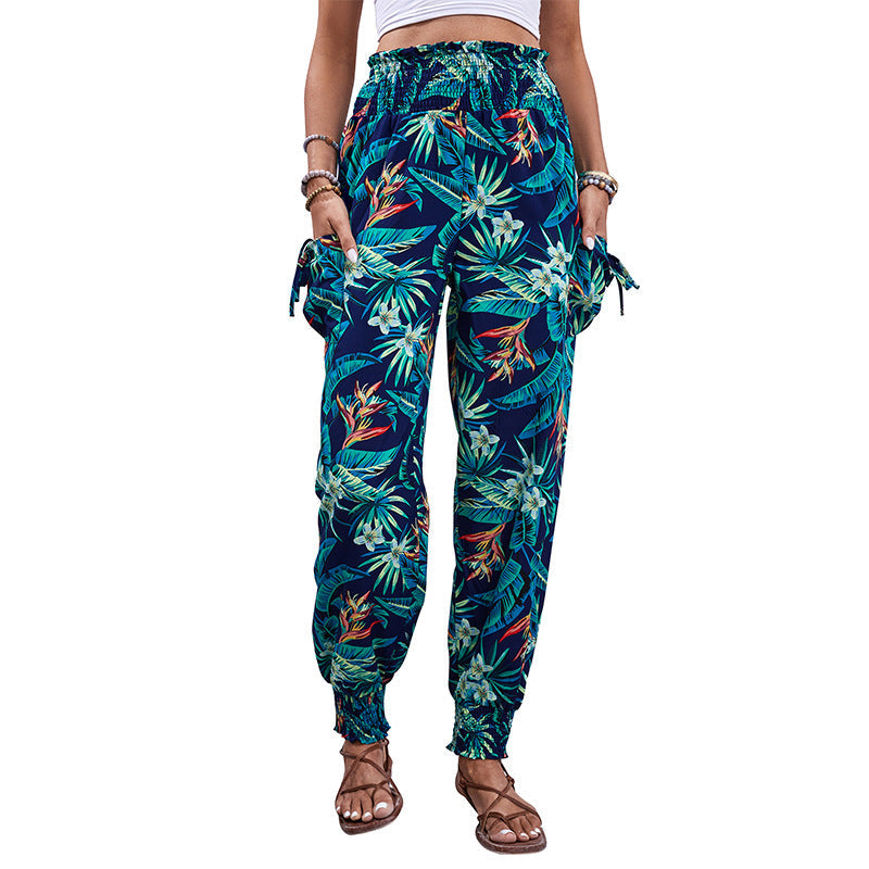 Damen Cargo-Hose Elastischer Bund Bunter Blätter-Print