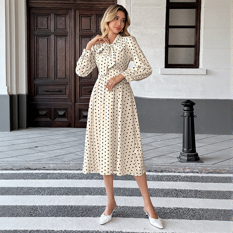 Damen Midi-Kleid Polka-Dot Bindekragen Langärmlig Eveloria