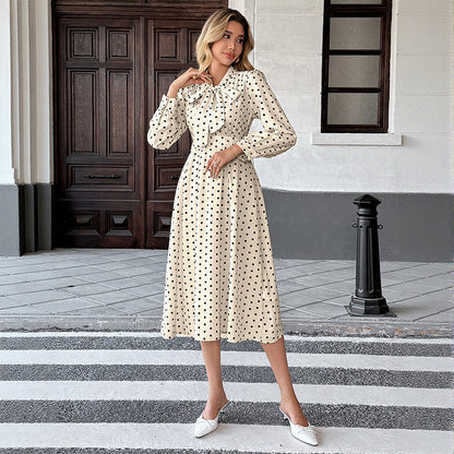 Damen Midi-Kleid Polka-Dot Bindekragen Langärmlig Eveloria