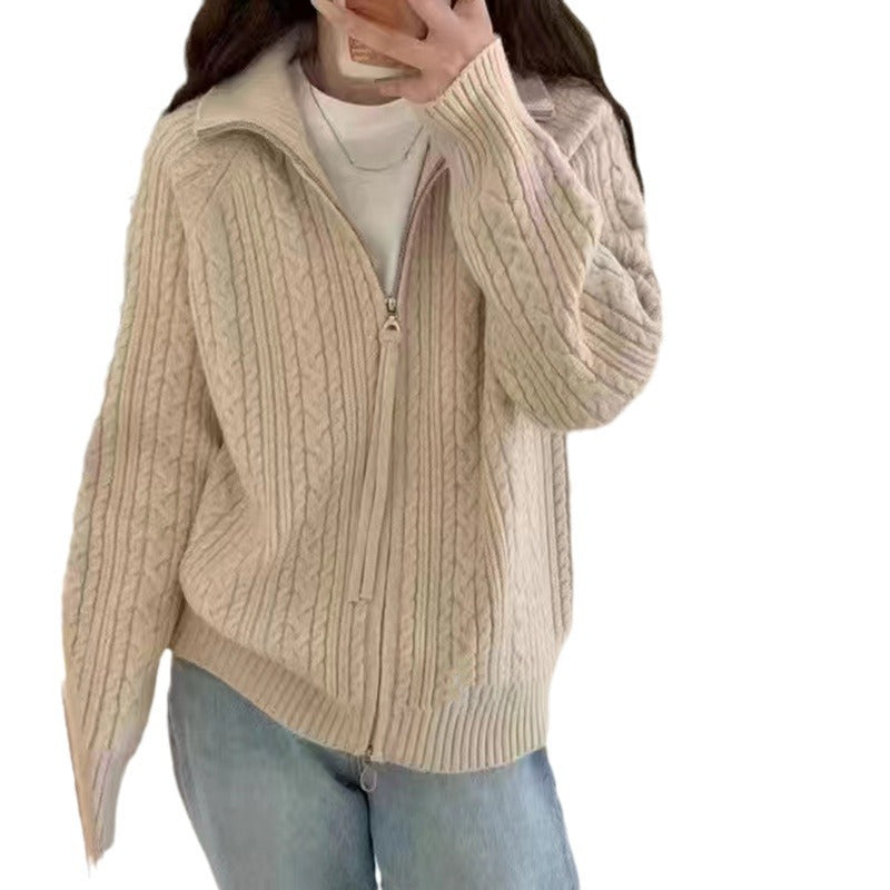 Damen Grobstrickjacke Hochschließend Reißverschluss Strukturiert