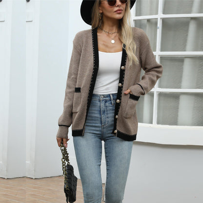 Damen Strickjacke Strukturiertes Muster Goldene Knöpfe Beige