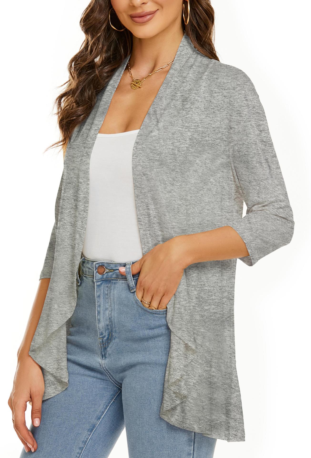 Eveloria Damen Strickjacke Einfarbig 7/8 Ärmel Rüschenrand