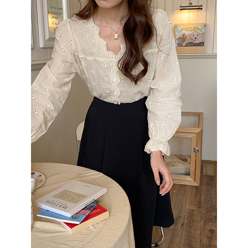 Damen Bluse Spitzenkante Knöpfe Weiß - Eveloria