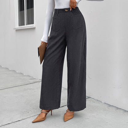 Damen Hochtaillierte Weite Hose mit Taschen und Knöpfen