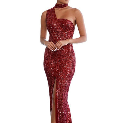 Damen Abendkleid Paillettenbesatz Hochschlitz